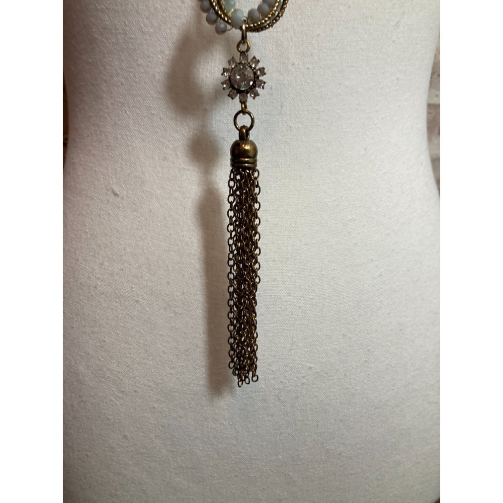 Boho‎ Lariat Tassel Necklace Bronze Tone Aqua Faceted Beads Layering Stackable - Picture 12 of 13